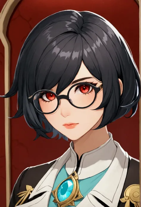 woman, short hair, black hair, hair over eye, red eyes, glasses, Dottores clothes (Genshin impact)