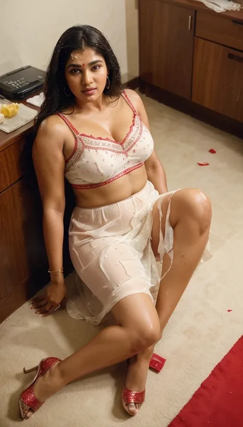 Day scene, full body photo of a plus sized 45 year old indian with a man from top view, (Masterpiece, Best Quality, High Resolution), office Background, (cum Splash on her breasts and nipples, cum Splash on her face, Splash of cum, cum Splash on her blouse...