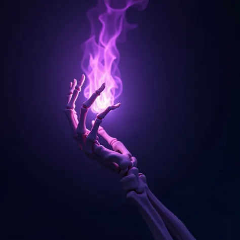 A skeletal hand grasps a purple flame in the darkness
３DCG
