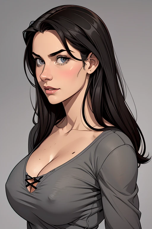 Flat colors, close up, portrait of sexy dark headed 18 year old, curious facial expression, beautiful, casual, large fake breasts, clevage,
Masterpiece, ((simply grey background))