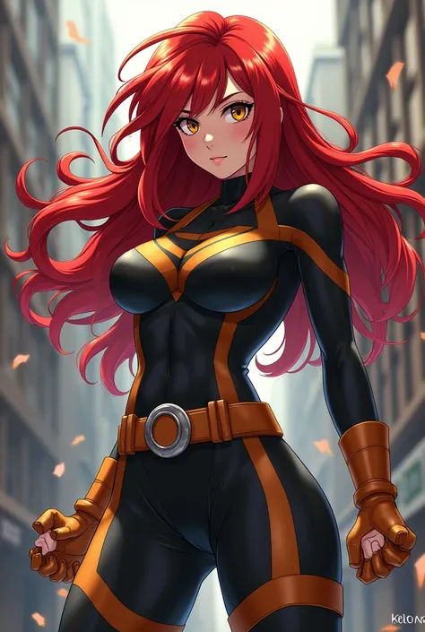 You can create an image of a character from my hero academia with those characteristics that is a woman, long red hair, brown eyes, average height and good body
