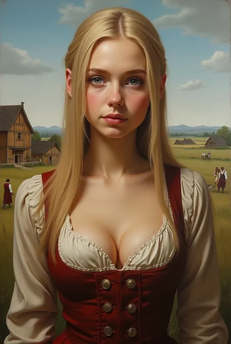 masterpiece,  a painting of Guinwen by Crvgg, Guinwen as a young maid, 8k, 1 girl, realistic oil painting, pretty face, Face of Guinwen, beautifully detailed eyes, muito detalhado, blond hair, blonde hair, gray eyes, visible waist, large breasts, huge brea...