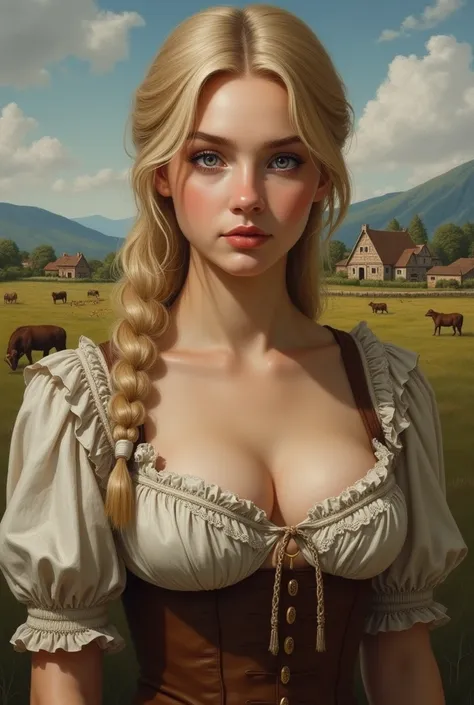 masterpiece,  a painting of Guinwen by Crvgg, Guinwen as a young maid, 8k, 1 girl, realistic oil painting, pretty face, Face of Guinwen, beautifully detailed eyes, muito detalhado, blond hair, blonde hair, gray eyes, visible waist, large breasts, huge brea...