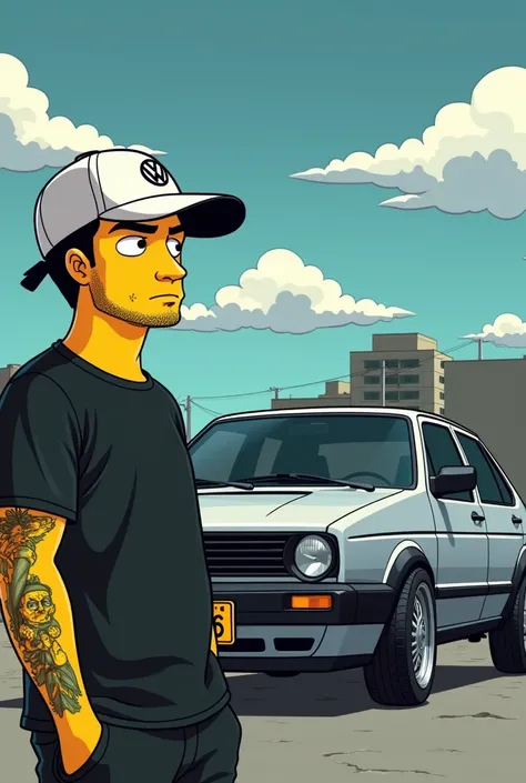 Simpsons poster young beardless man dressed in black with a white Volkswagen cap with only his left arm tattooed and in the background a silver-gray Volkswagen Jetta Jetta mk4 bora a4 2004 model with black rims, black emblem and black mirrors and with a ye...