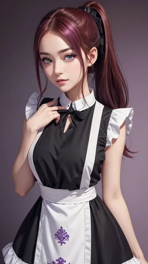 masterpiece,(best quality, illustration,detailed face:1.3),(1girl,solo:1.3),beautiful detailed eyes,  apron, gradient_background, gradient, maid, purple eyes,red hair,small breasts,, BREAK, enmaided, white_apron, black_dress, ponytail, black_footwear, fril...