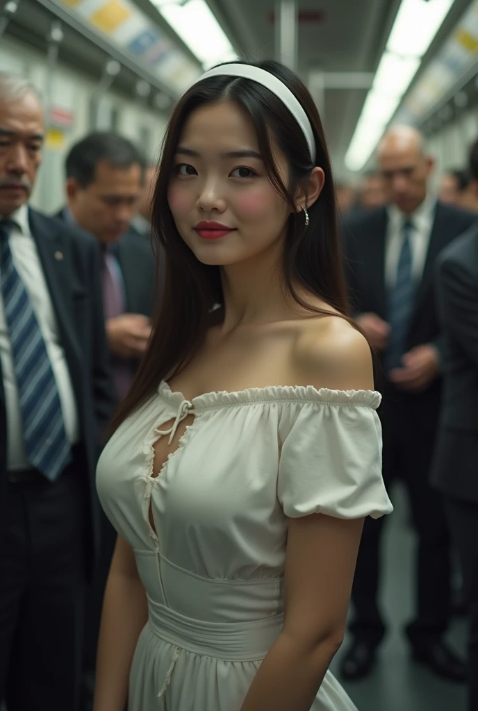 (Browsing Caution)、Highest quality、Ultra-high resolution、巨大なchest、Perfect Face、Beautiful expression、Beautiful Face、Beautiful Eyes、young woman、Subway car interior background、In a crowded train、(There are many men on the train.、Molestation of a man on a trai...