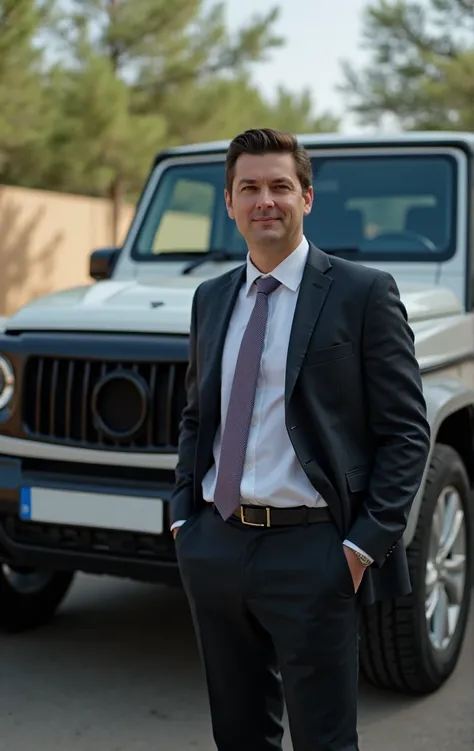 Man with suit standing infront of a thar car