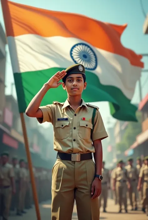 A teen age boy salute Indian flag 
