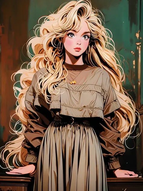 a picture of a woman standing with long blond hair posing over her shoulder, 1girl, long hair, solo, realistic, dress, brown hai...