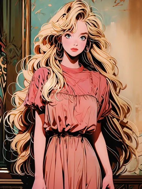 a picture of a woman standing with long blond hair posing over her shoulder, 1girl, long hair, solo, realistic, dress, brown hai...