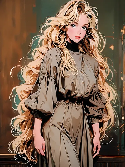 a picture of a woman standing with long blond hair posing over her shoulder, 1girl, long hair, solo, realistic, dress, brown hai...