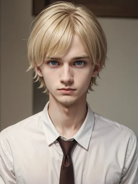 (best quality), 1boy, male, 24 years old, young man, pale skin, blonde hair, messy hair, messy bangs, bangs over eyes, short hai...