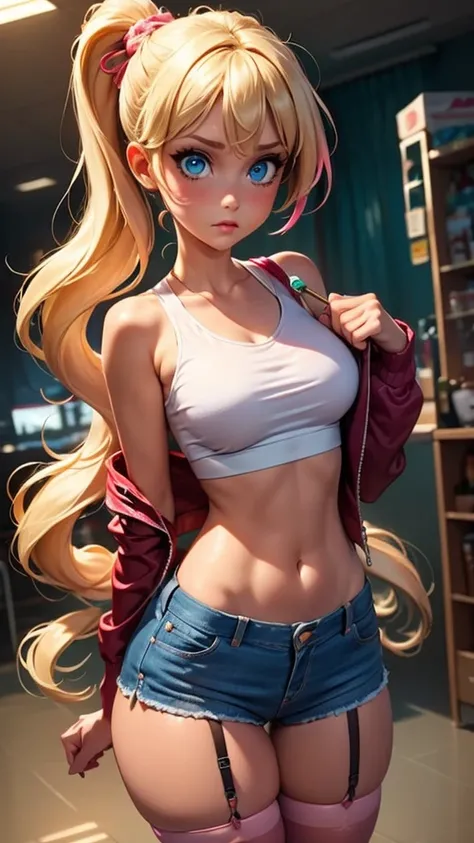 neon, pink legwear, pink thighhighs, thigh strap, short pants, puffy long sleeves, covered navel, neon hair, hair extensions, blue eyes, jacket, red tank top, belts on clothing,Expressiveh