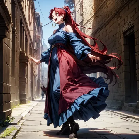 solo character, full body version, young girl, black eyes, red color hair, very long hair, ponytail, long dress clothing, blue c...