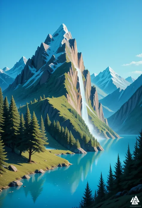 impressive painting of a mountain with trees and water, a detailed painting by petros afshar, shutterstock contest winner, envir...