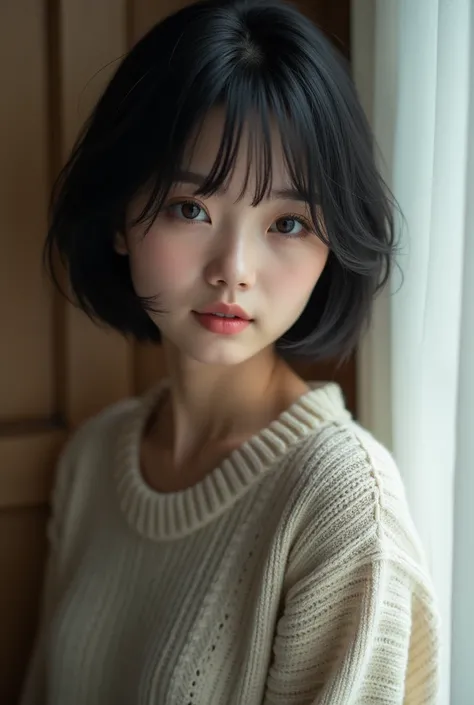 (masterpiece:1.3), (8k, Realistic, RAW Photos, Highest quality: 1.4), (One girl), Beautiful Face, (Realistic Face), (Black Hair, short hair:1.3), Beautiful hairstyle, Realistic eyes, Beautiful attention to detail, (Realistic Skin), Beautiful Skin, (sweater...