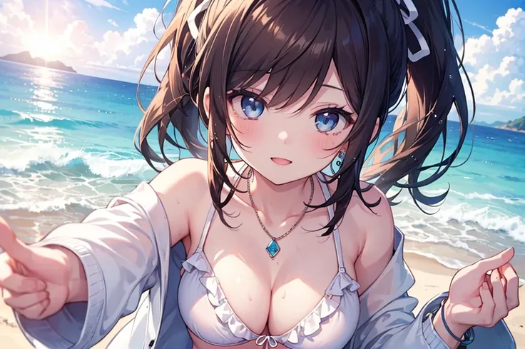 (((girl kawaii))), (a Very delicate and beautiful girl), ((Ultra-fine illustrations)), (Very delicate and beautiful), charactera girl, Please raise your hand, Wet, girl, teenage girl, Flowing Hair, (High Ponytail), (Long dark brown hair), Beautiful and fin...