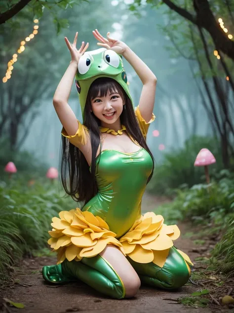 A frog princess (cute asian woman, age 25, over large eyes, loose frog costume) is dancing to celebrate the rain, frogs dance and sing around her, mushroom circle in a forest glade, rainy night
