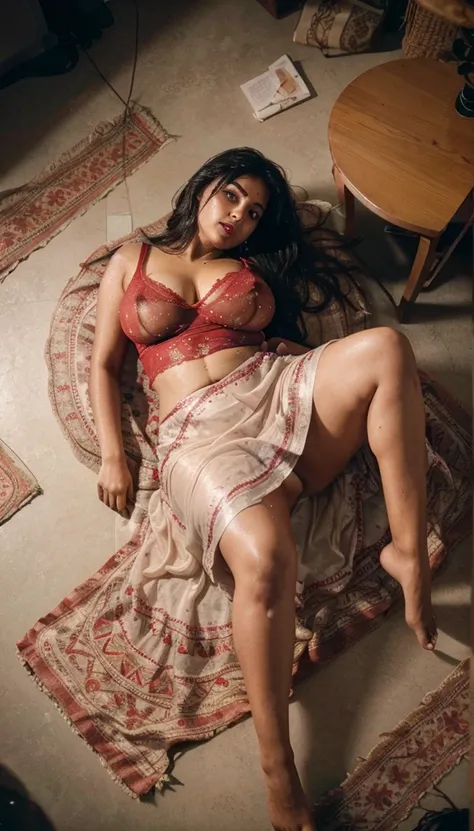 Day scene, full body photo of a plus sized 45 year old indian with a man from top view, (Masterpiece, Best Quality, High Resolution), office Background, (cum Splash on her breasts and nipples, cum Splash on her face, Splash of cum, cum Splash on her blouse...