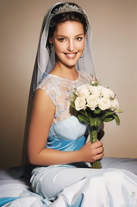 katherine heig, 1girl, realistic, solo, wedding dress, white dress, satin, lace, ballgown style, smiling, professional photograp...