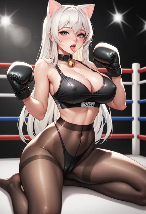 korean beautifull girl，18 years old,Cute face，Good shape，emaciated，detailed picture, Seductive expression，Stick out your tongue， blush，White long hair, Bandages，Soaked，Wear black pantyhose，No shoes, Wearing black boxing gloves，Black collar，Black sleeves on...