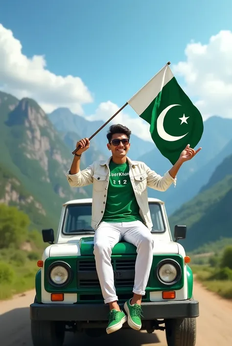 Create an Real image featuring a young man
sitting on the hood of a white and green truck,with Pakistan’s scenic background. He’s holding a flag celebrating Pakistan’s 14th August. The boy wears a green T-shirt with ‘Neha Khan’ printed on it, white jacket,...