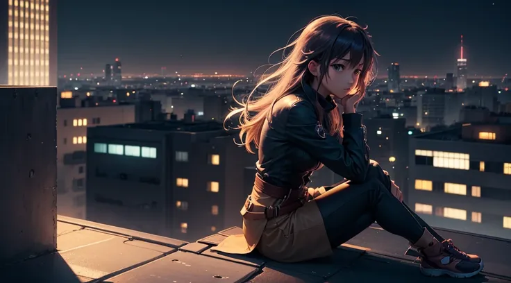 Anime character sitting on a rooftop at night, surrounded by a glowing cityscape, looking contemplative, with a gentle breeze blowing through their hair, representing introspection and solitude.