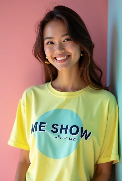 Beautiful girl  wereing t-shirt  of my brand ME SHOW tag line live in style , include logo of my brand