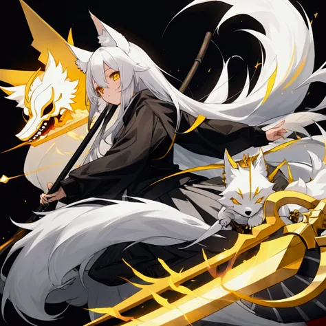 A girl waring black sweater with gray horizontal stripes, caro skirt and have white long hair with a golden crown worn crosswise, have white kitsune ears holding a energy scythe