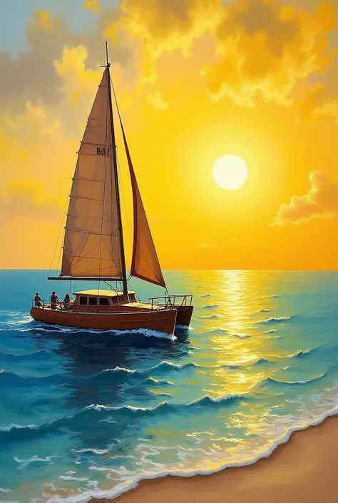 landscape oil painting wooden sailing catamaran floating close to beach  sun yellow bright
