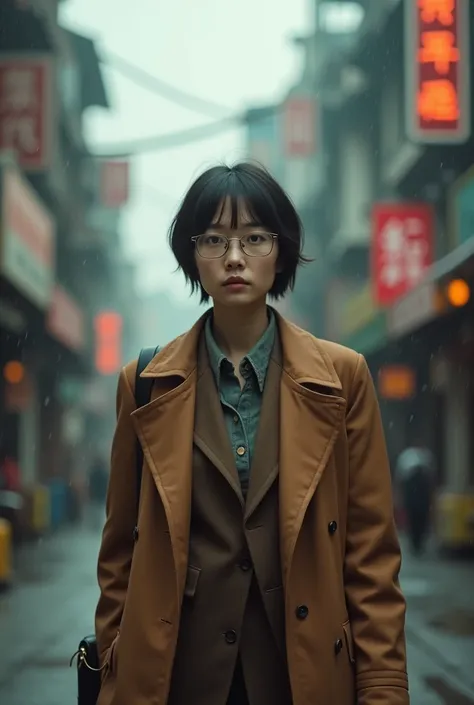 (photorealistic) realistic image of a (Asian woman), (slim build), (short hair), (white skin), (dark eyes), wearing a (brown suit) and (vintage coat), walking in south east asia city with a (serious face), (wearing glasses), capturing a (Kodak color film l...