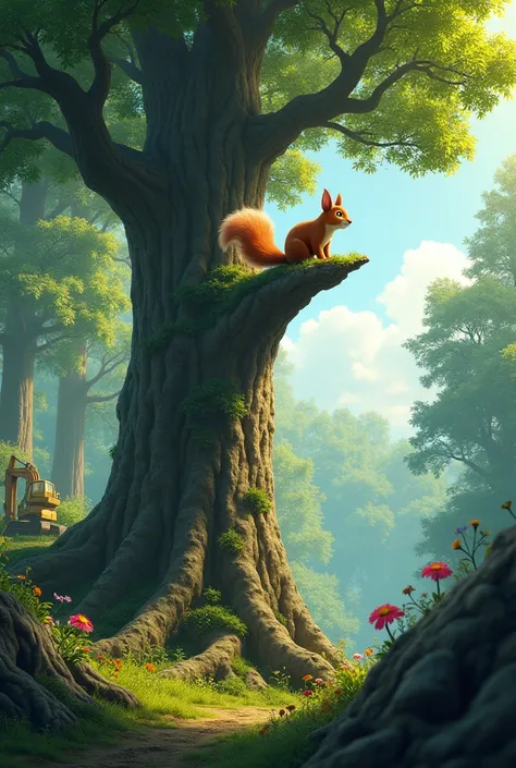 A squirrel with bright eyes and a fluffy tail is in the forest surrounded by trees and flowers. What squirrel sees when standing on top of a tree that is bigger than a huge excavator? Approaches the forest.