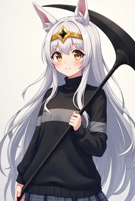 A girl waring black sweater with gray horizontal stripes, caro skirt and have white long hair with a golden crown worn crosswise, have white kitsune ears holding a energy scythe