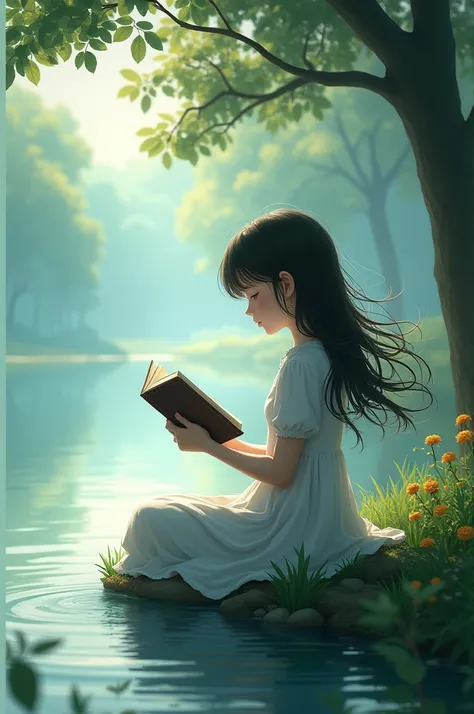 A girl wearing a white dress、Reading a book by the lake。