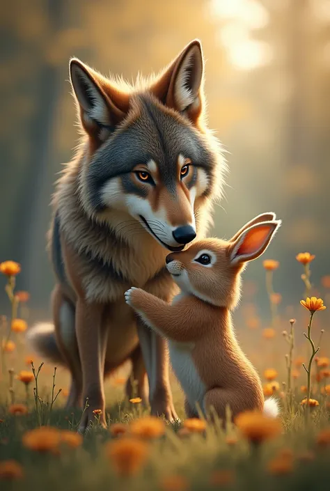 The wolf plays happily with the rabbit.


