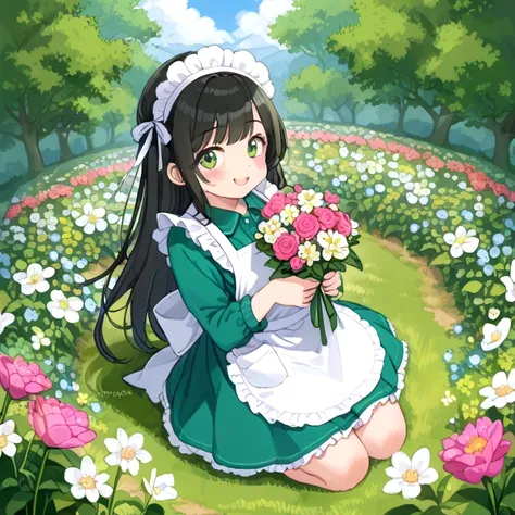 cute girl sits among a huge meadow of flowers, a girl in a blue-green dress and her hair is black, green eyes and she is also we...