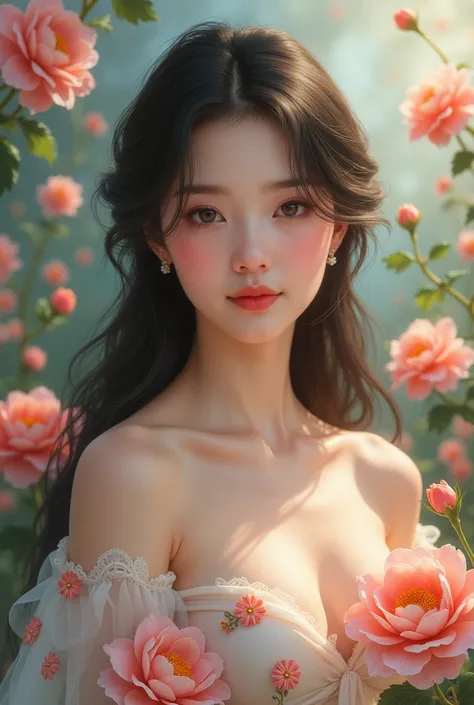 beautiful realistic 18 years old asian in floral place in full body portrait image