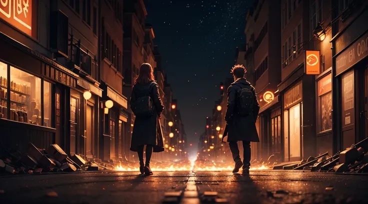 A scene of two characters standing in a city street at night, with glowing embers swirling around them, symbolizing missed signs and opportunities.8k