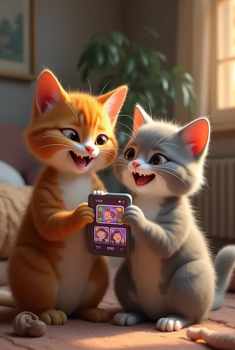 Male cat and female cat watching reels on phone and laughing realistic 