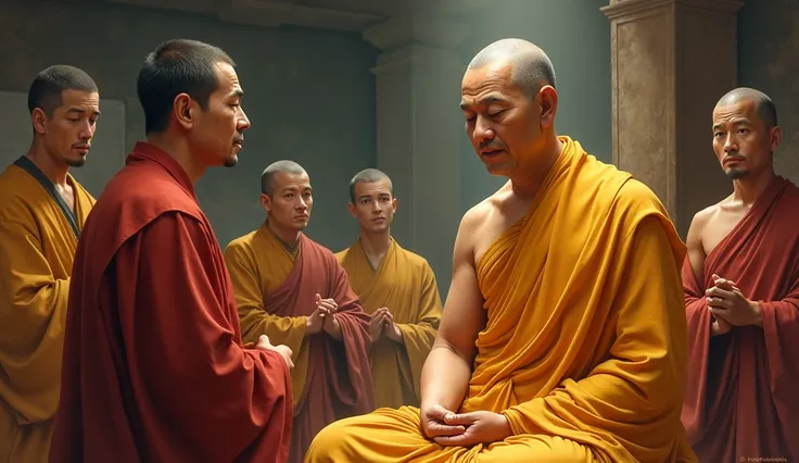  A disciple worrier inquiring about Buddha’s health, with other disciples worriers listening attentively.