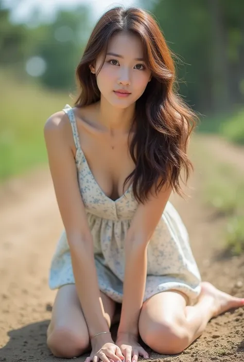 A beautiful korean girl,brown hair,short dress, laing on the ground outside on dirt, full body,showing her feet closer photo 