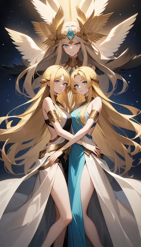 （Huang Li、high quality、Extremely detailed），Constellation - Gemini Goddess，Two goddesses appear，They are Gemini goddesses,  Dressed very [Asymmetry），Sister and younger sister，The goddesses embrace each other，Similar to Latin goodness，brave，capricious，Produc...