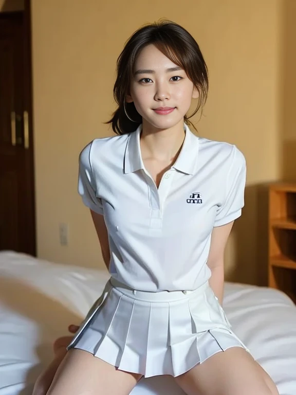 (Masterpiece, Best quality: 1.4), (Ultra realistic, Photo-realistic: 1.2), Full body, (kneeling: 1.3), Looking at viewer, Natural light, 18 years old actress, Japanese women, (arms behind back: 1.2), Neat and clean, ((White tennis uniform, White short-slee...