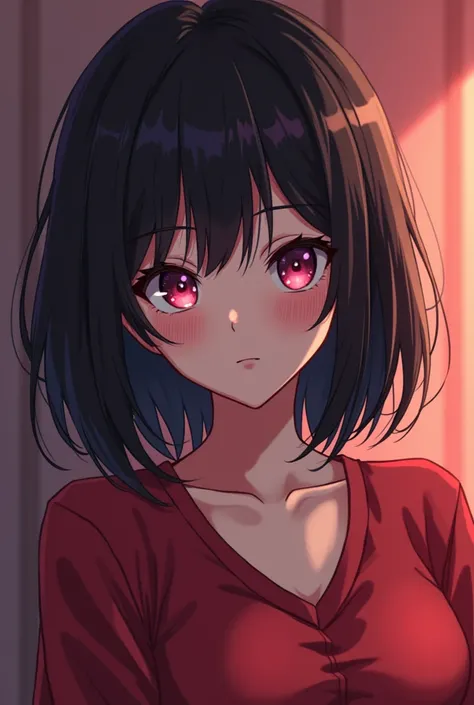 A anime girl with black hair, looks like a yandere, is in insane love