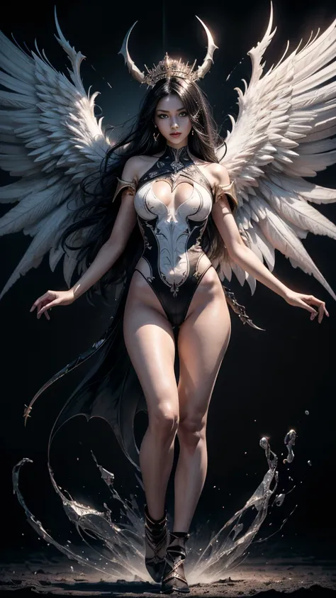 emphasis on wings, wings on shoulder, Angel wings and devil wings, white wings and black wings, (Realistic picture, highest resolution, 16ก), (A demon god with wide wings and enormous power on his shoulders..., Twelve wings on the shoulders., black bat win...