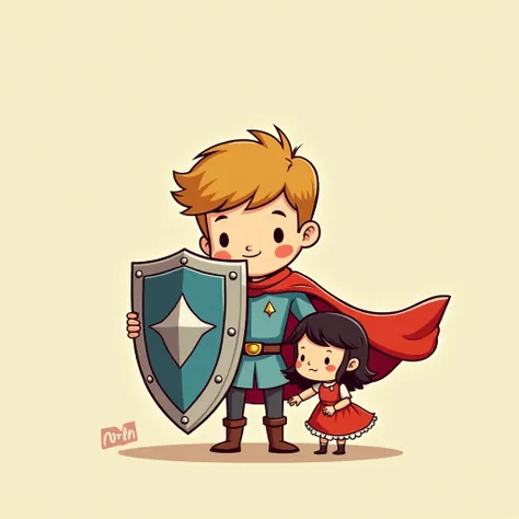 Holding a shield in one hand，Behind the shield are two children，In front of the shield is a charming little woman doll，Simple comic style、Bright colors