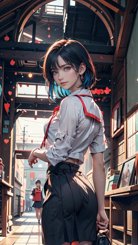 A masterpiece portrait of smiling Rei Ayanami (Evangelion), Evangelion (Hideaki), Caustics, High resolution illustrations, Red eyes, feminine, No students, Blue Hair,  short hair, Japanese School Uniform, loafers, Spank, Synthwave, paint Splashs, Shaded fl...