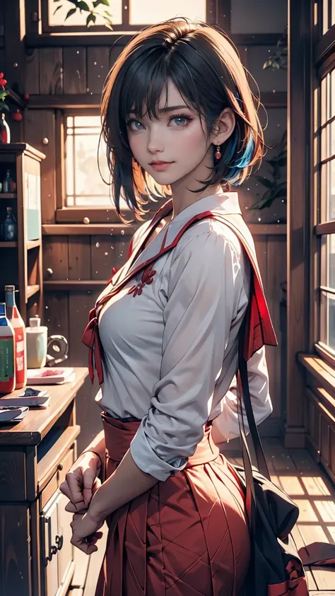 A masterpiece portrait of smiling Rei Ayanami (Evangelion), Evangelion (Hideaki), Caustics, High resolution illustrations, Red eyes, feminine, No students, Blue Hair,  short hair, Japanese School Uniform, loafers, Spank, Synthwave, paint Splashs, Shaded fl...