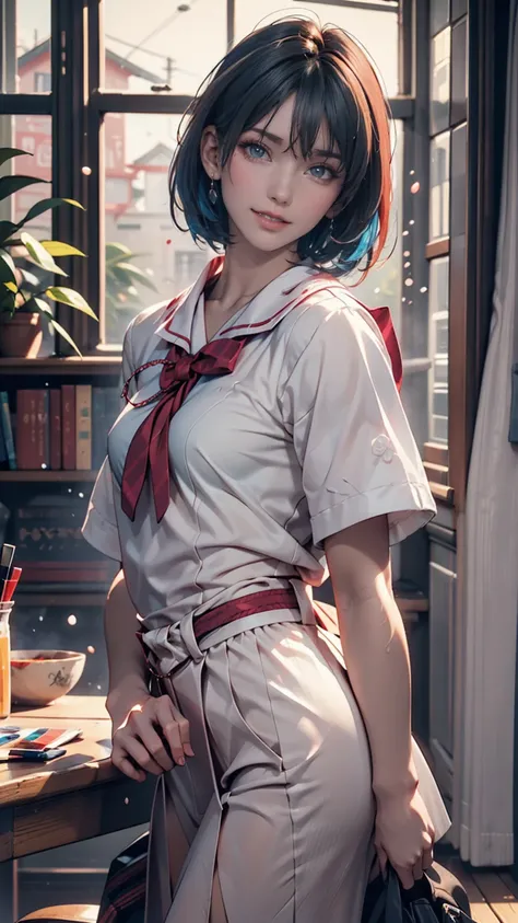 A masterpiece portrait of smiling Rei Ayanami (Evangelion), Evangelion (Hideaki), Caustics, High resolution illustrations, Red eyes, feminine, No students, Blue Hair,  short hair, Japanese School Uniform, loafers, Spank, Synthwave, paint Splashs, Shaded fl...