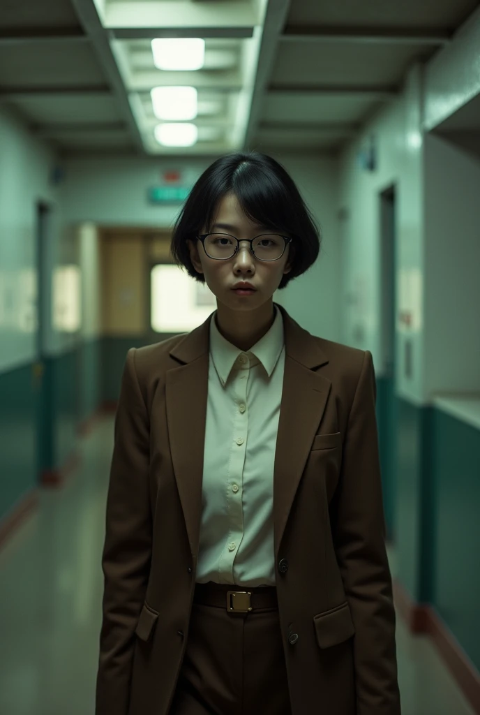 (photorealistic) realistic image of a (Asian woman), (slim build), (short hair), (white skin), (dark eyes), wearing a (brown suit), walking in police station with a (serious face), (wearing glasses), capturing a (Kodak color film look), featuring a (grainy...